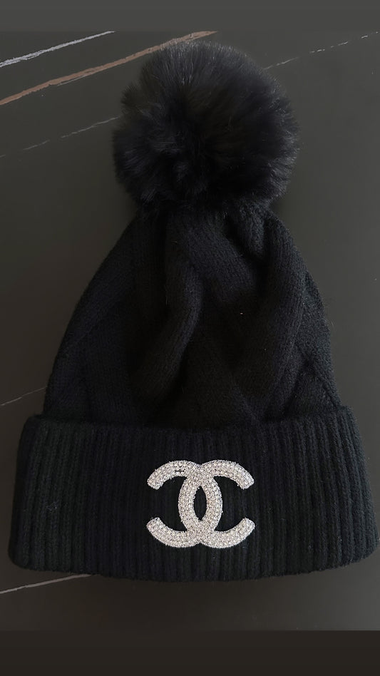 Cc knit black bobble hat